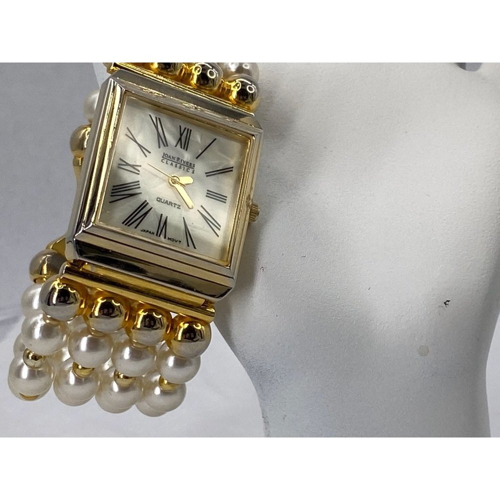 Lady's Watch Square Face White Black Roman Numerals 7 inch Bracelet Faux Pearls